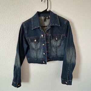 Mixit Cropped Dark Blue Faded Denim Jacket with Jewel Buttons